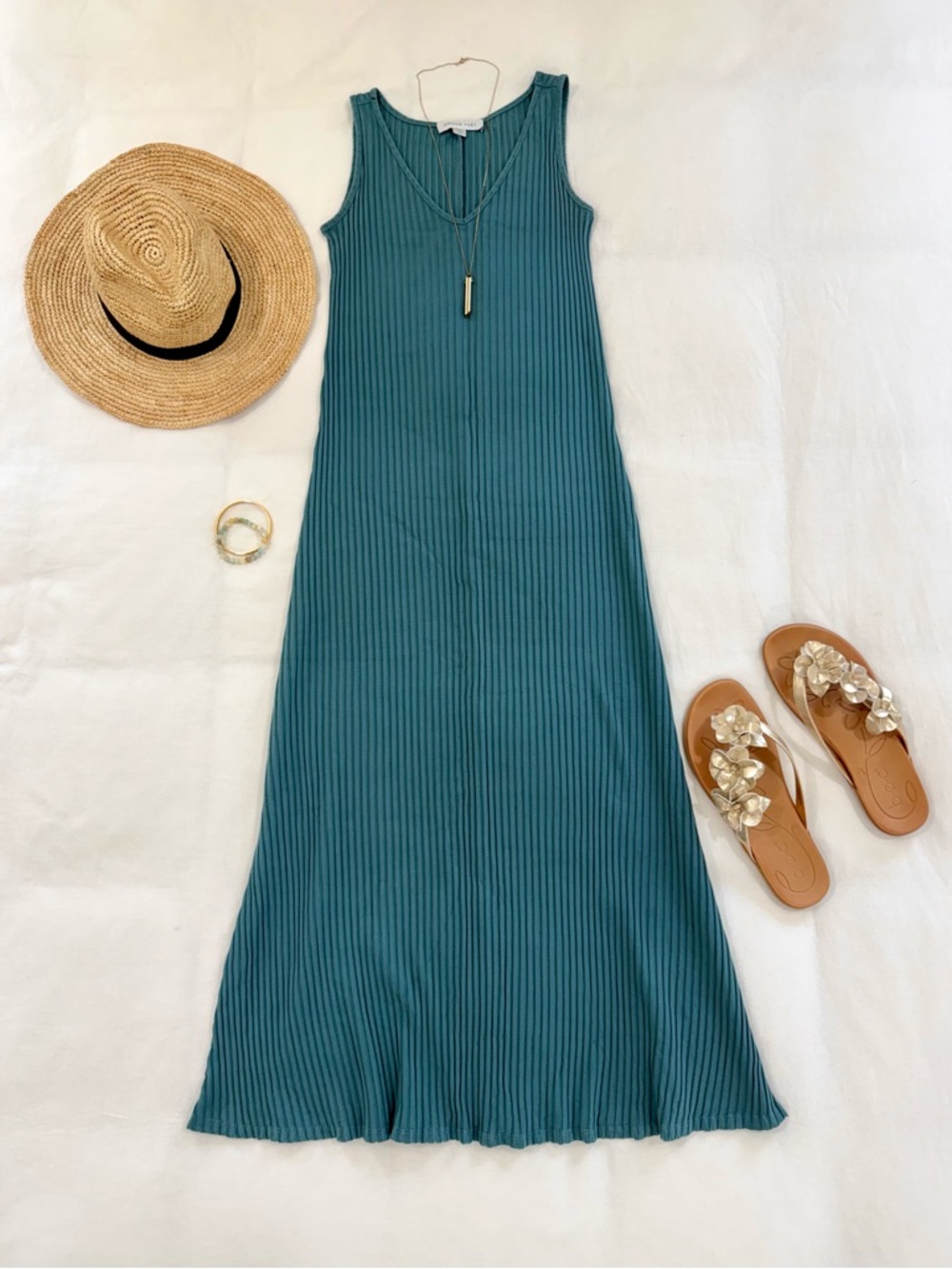 ✨ Amour Vert Dress Teal Maxi Fitted Ribbed Stretch Cotton Size XS ✨ - Picture 7 of 9
